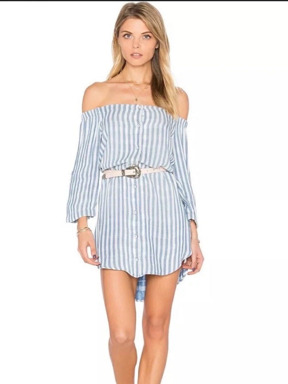 cloth & stone Blue and White Striped Off-Shoulder Button-Front Dress